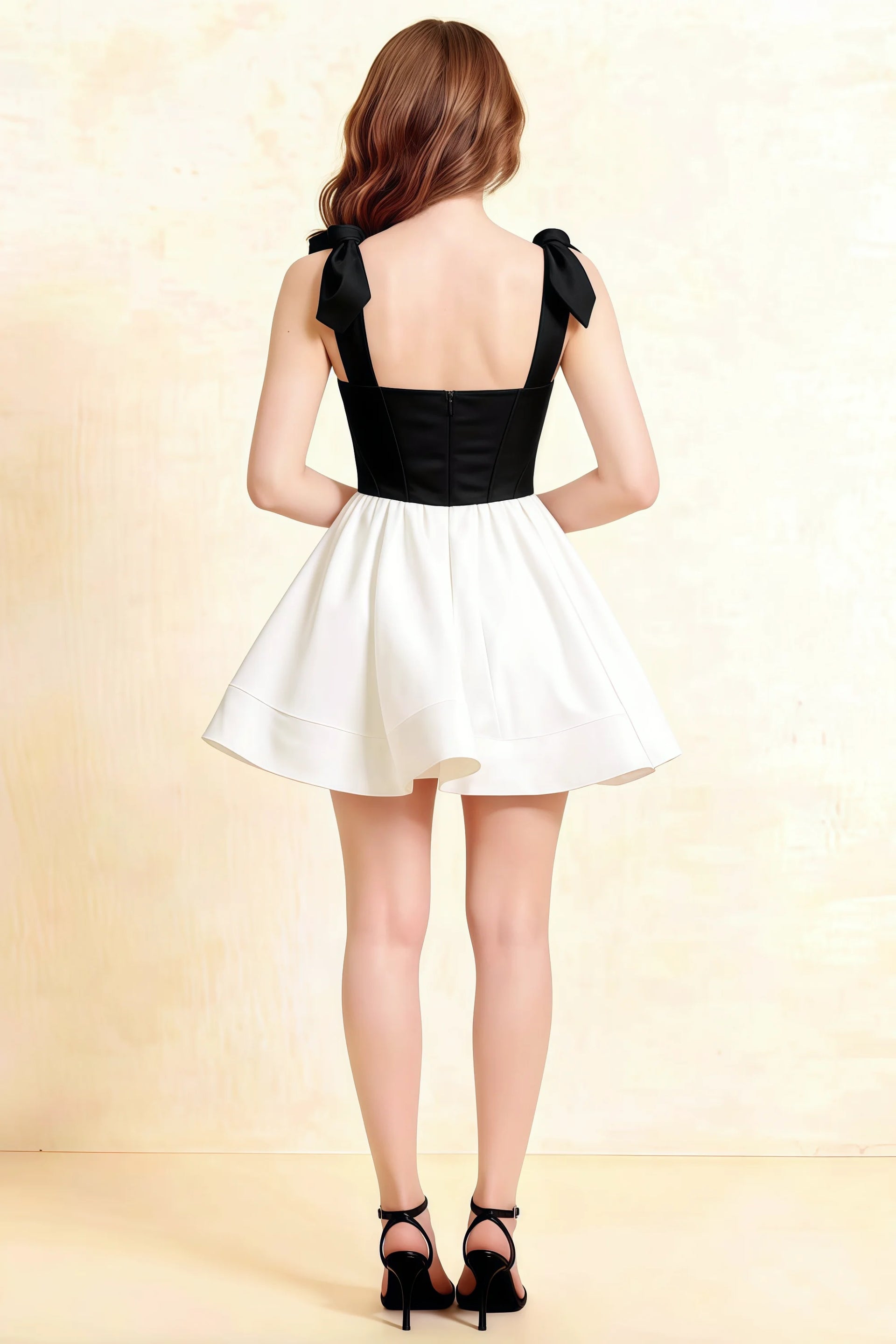 Cassandra Black and White Bow Straps Mini Skater Dress with Square Neckline
