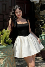 Cassandra Black and White Bow Straps Mini Skater Dress with Square Neckline