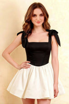 Cassandra Black and White Bow Straps Mini Skater Dress with Square Neckline