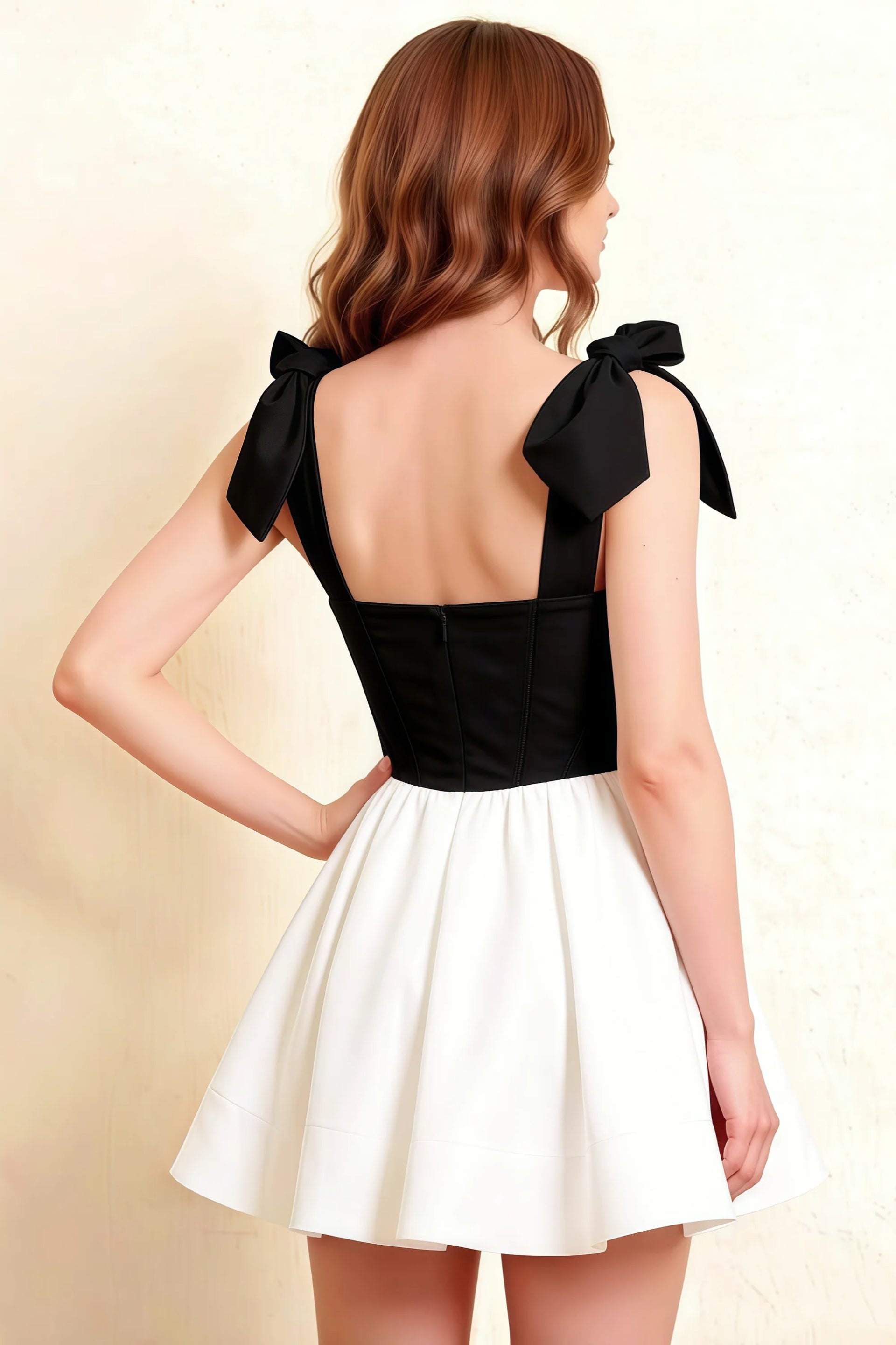 Cassandra Black and White Bow Straps Mini Skater Dress with Square Neckline