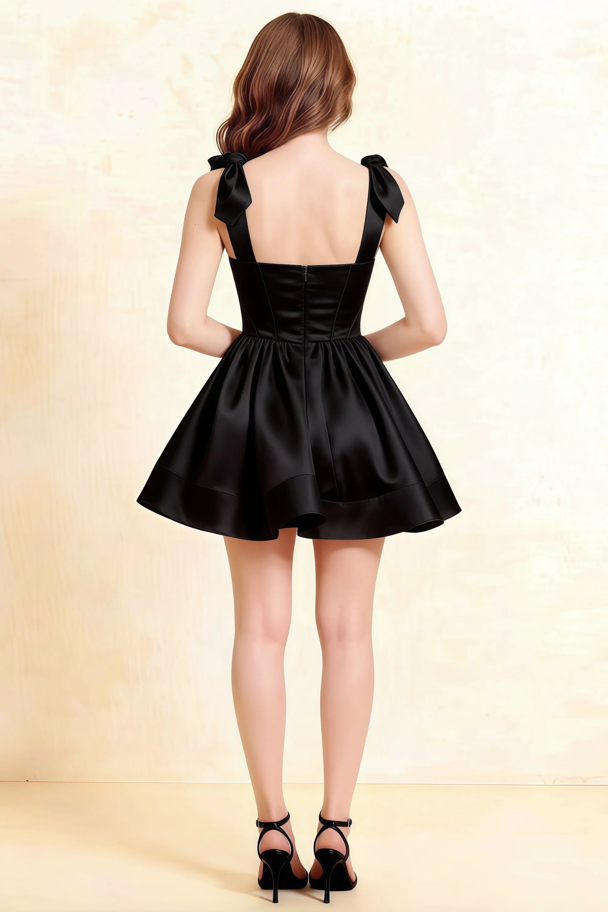 Back view of LVLVS Cassandra black bow strap skater dress with square neckline and open back for formal event