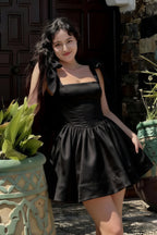 Cassandra Black Bow Straps Mini Skater Dress with Square Neckline