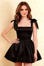 Cassandra Black Bow Straps Mini Skater Dress with Square Neckline