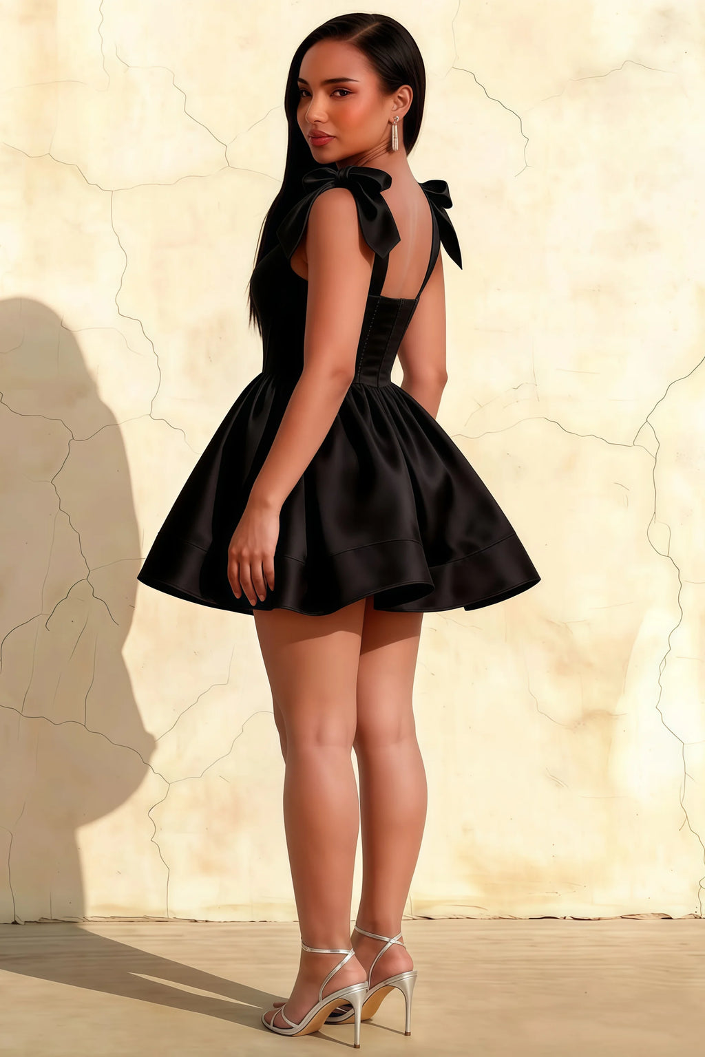 Cassandra Black Bow Straps Mini Skater Dress with Square Neckline