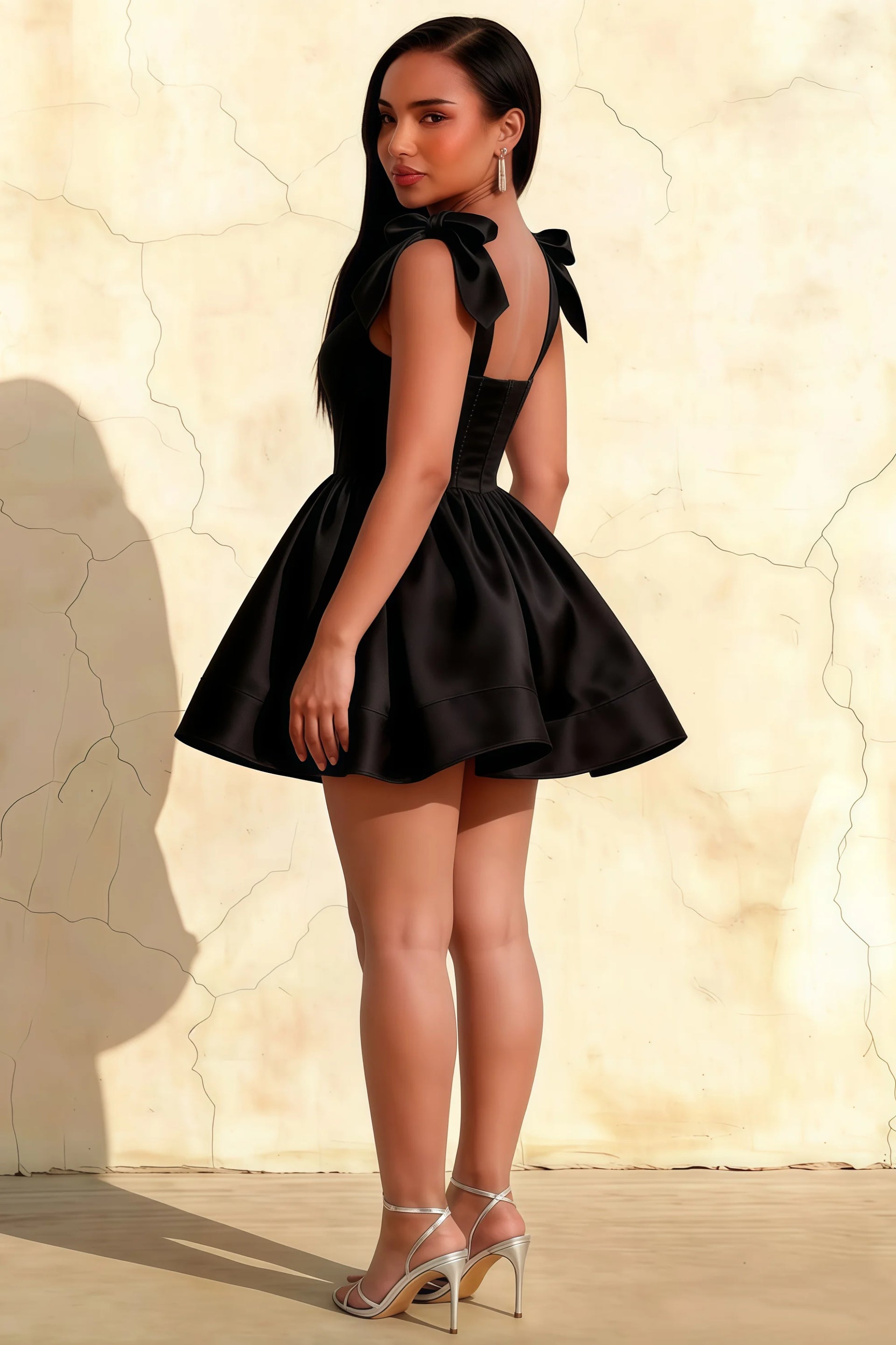 Cassandra Black Bow Straps Mini Skater Dress with Square Neckline