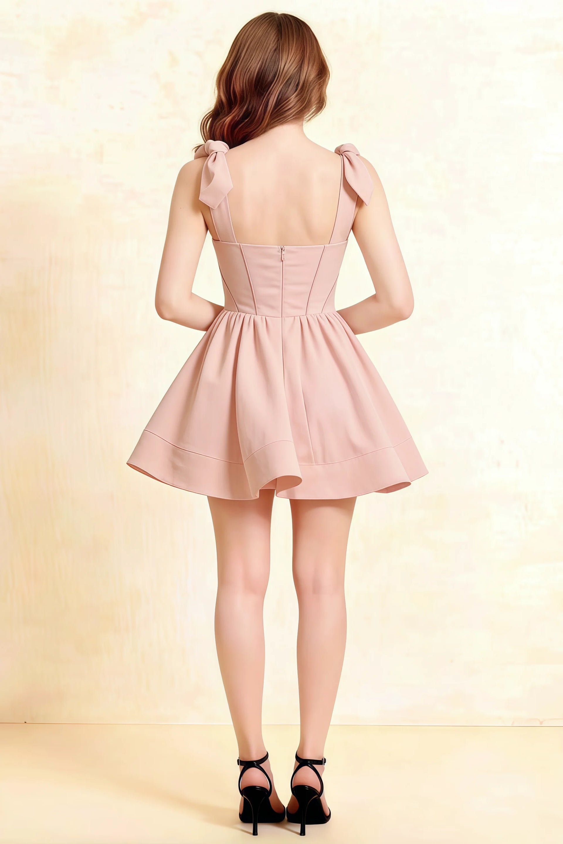 Cassandra Blush Pink Bow Straps Mini Skater Dress with Square Neckline