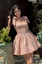 Cassandra Blush Pink Bow Straps Mini Skater Dress with Square Neckline