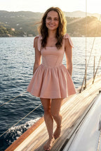 Cassandra Blush Pink Bow Straps Mini Skater Dress with Square Neckline
