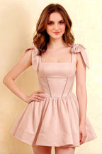 Cassandra Blush Pink Bow Straps Mini Skater Dress with Square Neckline