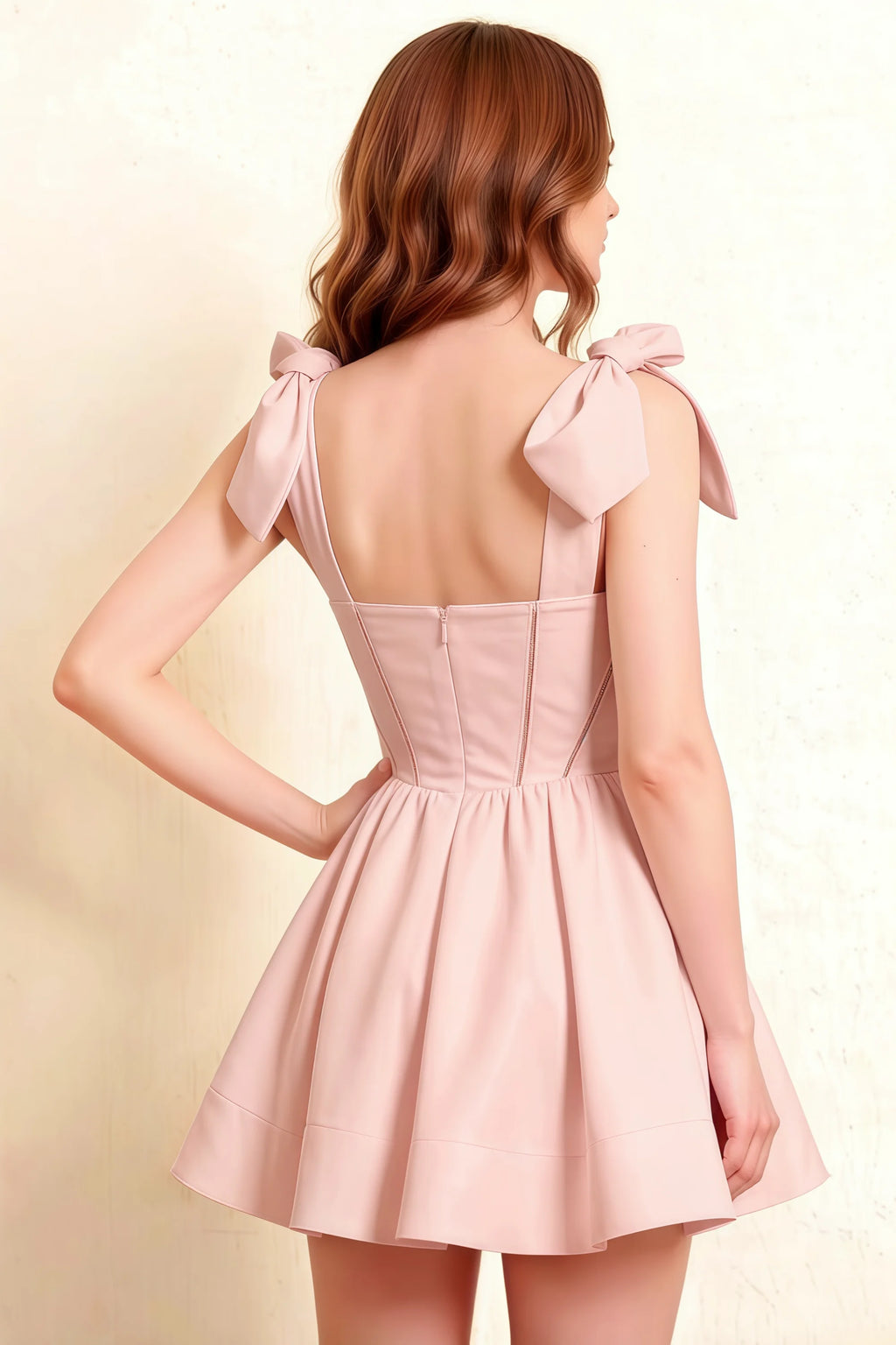 Cassandra Blush Pink Bow Straps Mini Skater Dress with Square Neckline
