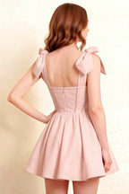 Cassandra Blush Pink Bow Straps Mini Skater Dress with Square Neckline
