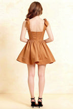 Cassandra Bronze Bow Straps Mini Skater Dress with Square Neckline