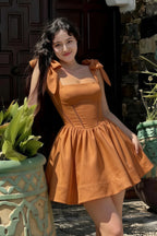 Cassandra Bronze Bow Straps Mini Skater Dress with Square Neckline