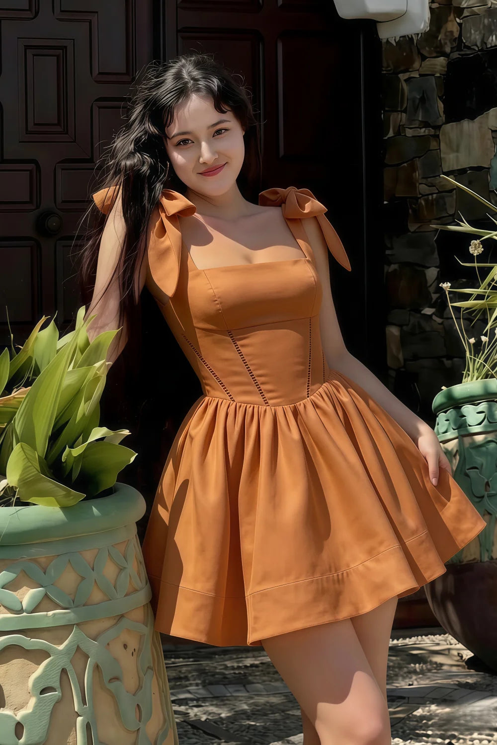 Cassandra Bronze Bow Straps Mini Skater Dress with Square Neckline