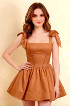 Cassandra Bronze Bow Straps Mini Skater Dress with Square Neckline