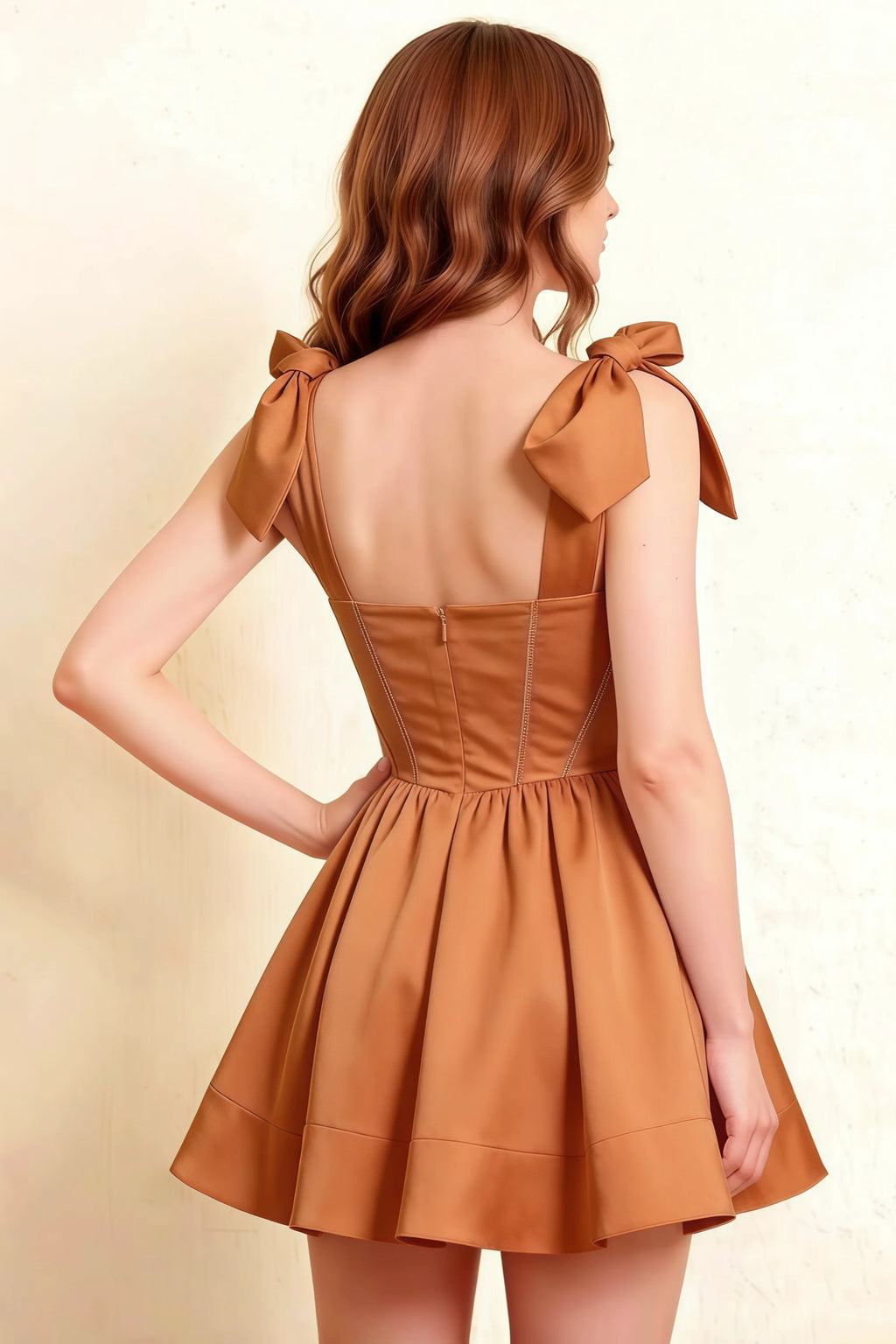 Cassandra Bronze Bow Straps Mini Skater Dress with Square Neckline