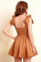 Cassandra Bronze Bow Straps Mini Skater Dress with Square Neckline