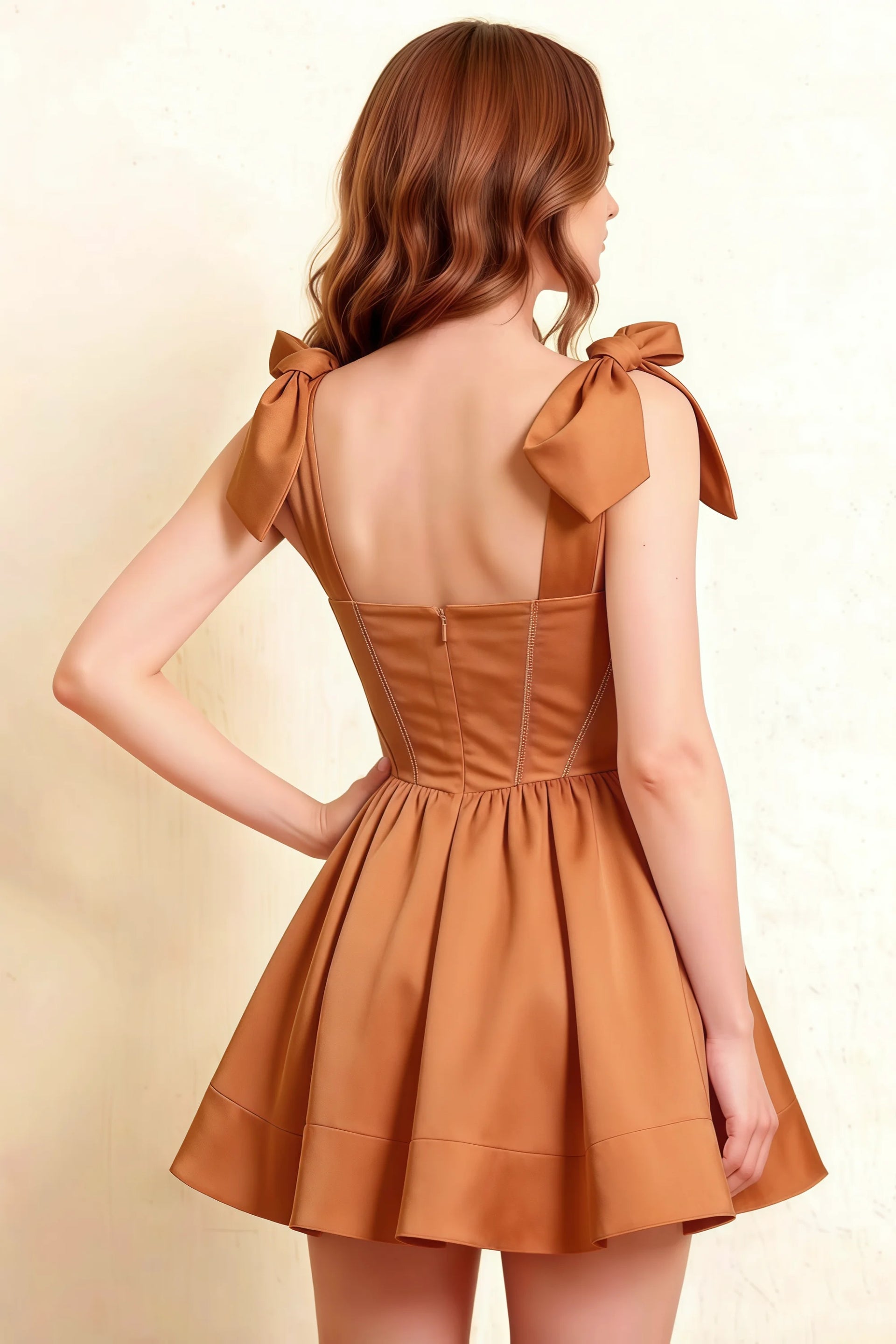 Cassandra Bronze Bow Straps Mini Skater Dress with Square Neckline