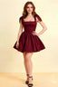 Cassandra Burgundy Bow Straps Mini Skater Dress with Square Neckline