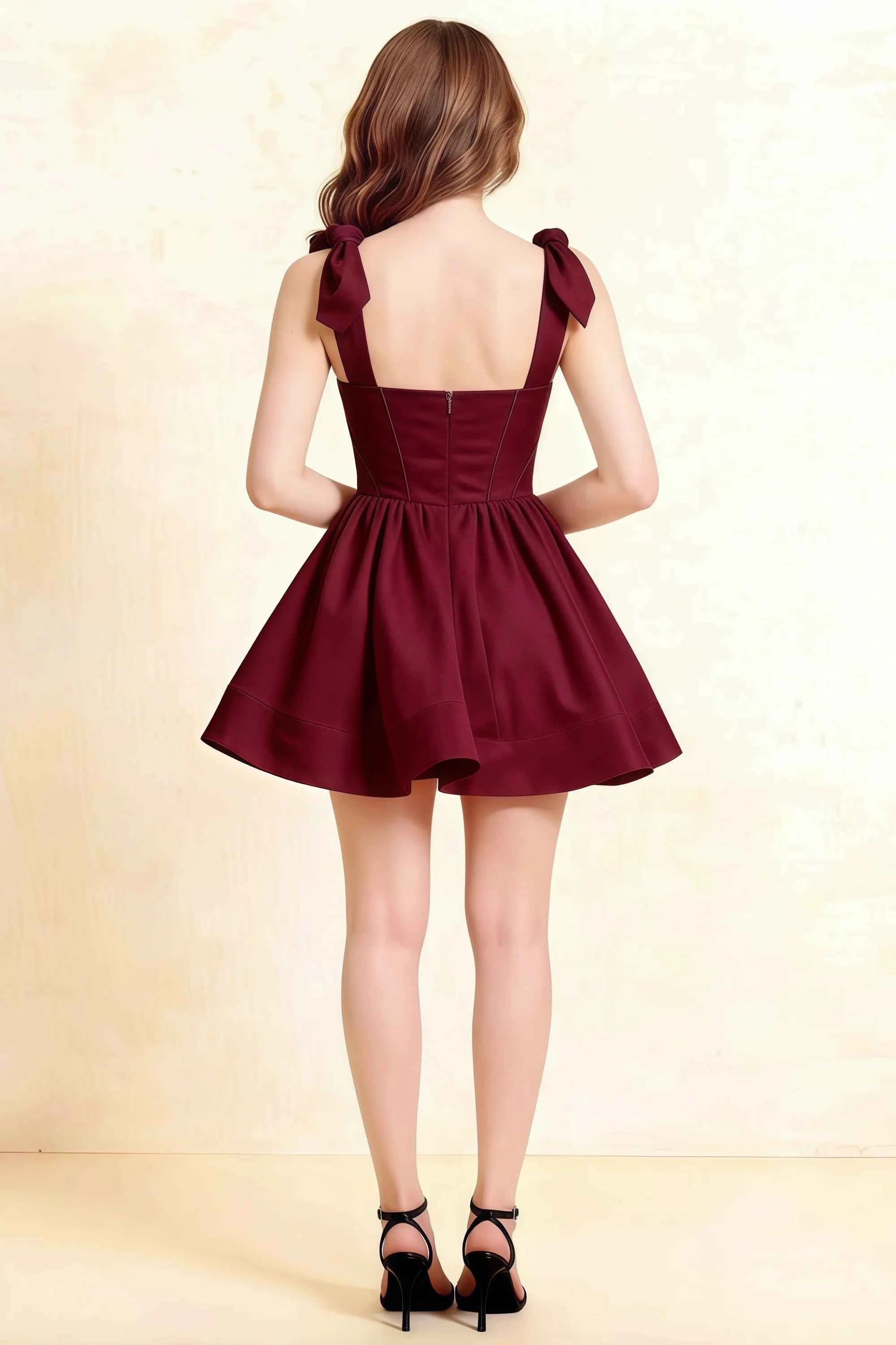 Cassandra Burgundy Bow Straps Mini Skater Dress with Square Neckline Imagen secundaria del producto