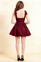 Cassandra Burgundy Bow Straps Mini Skater Dress with Square Neckline