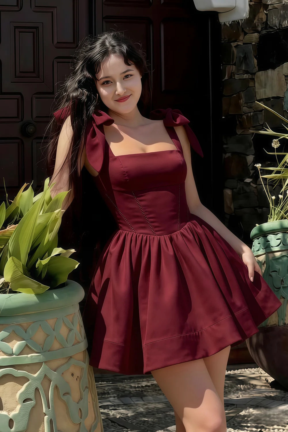 Cassandra Burgundy Bow Straps Mini Skater Dress with Square Neckline