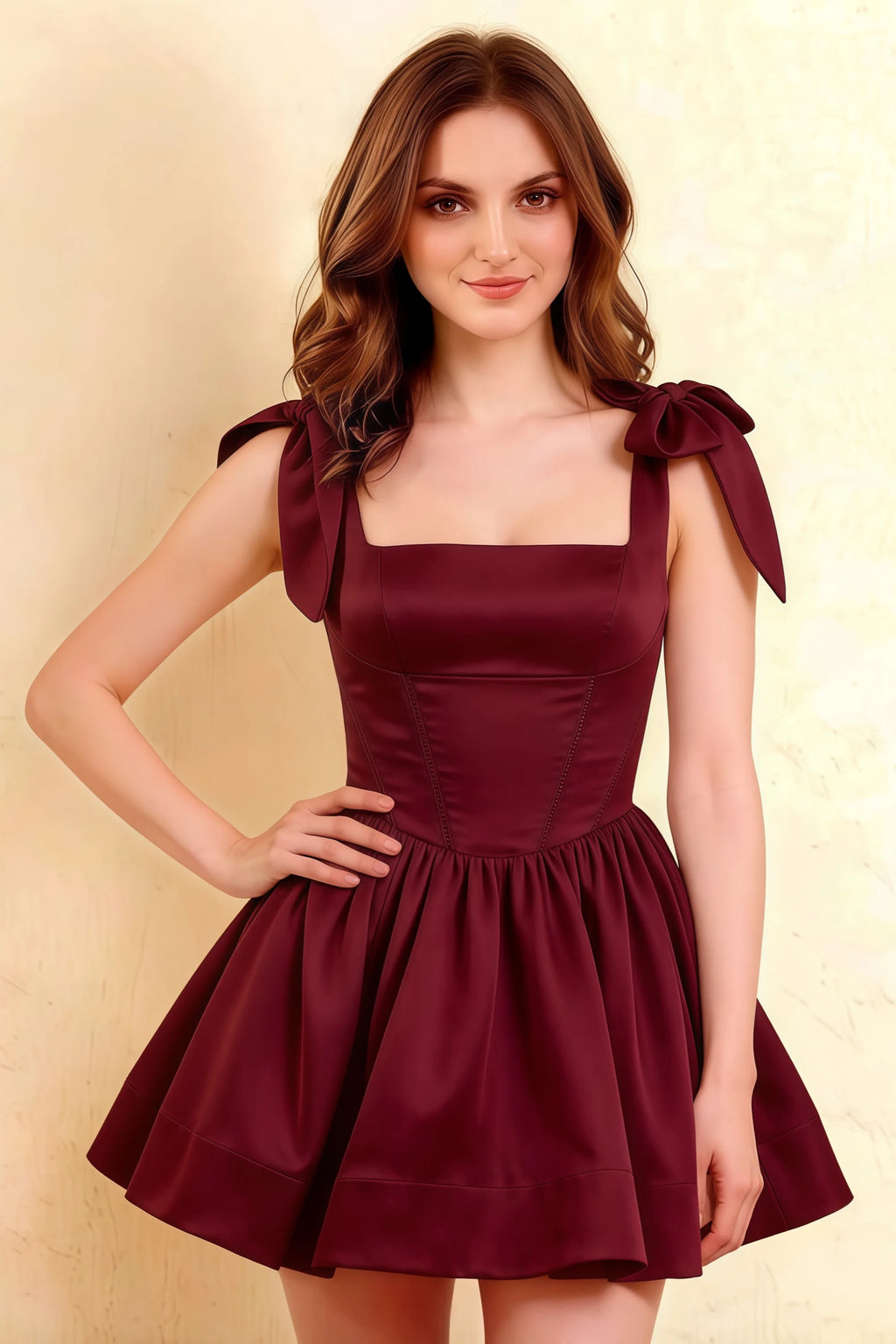 Cassandra Burgundy Bow Straps Mini Skater Dress with Square Neckline