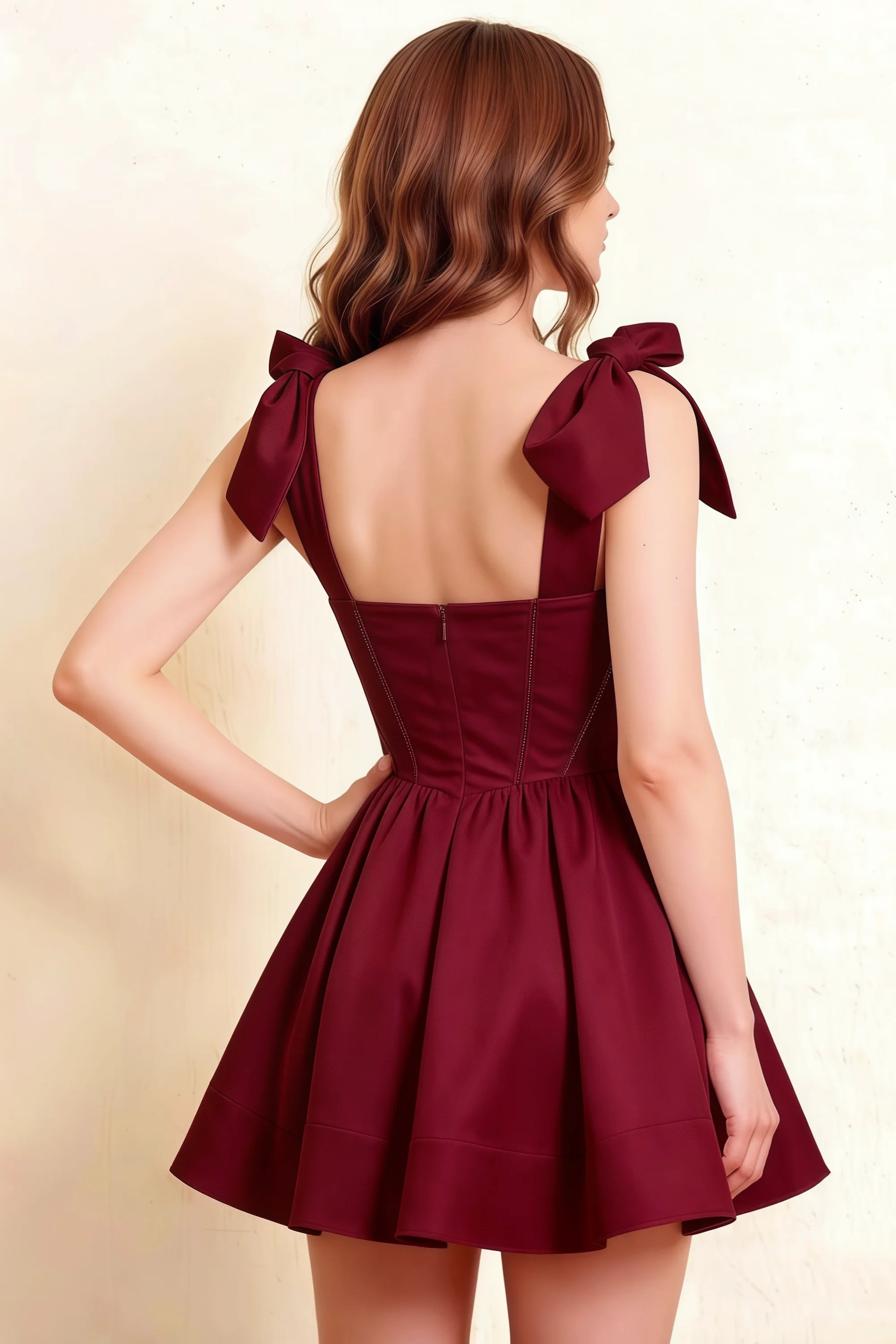 Cassandra Burgundy Bow Straps Mini Skater Dress with Square Neckline