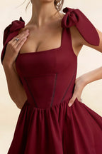 Cassandra Burgundy Bow Straps Mini Skater Dress with Square Neckline