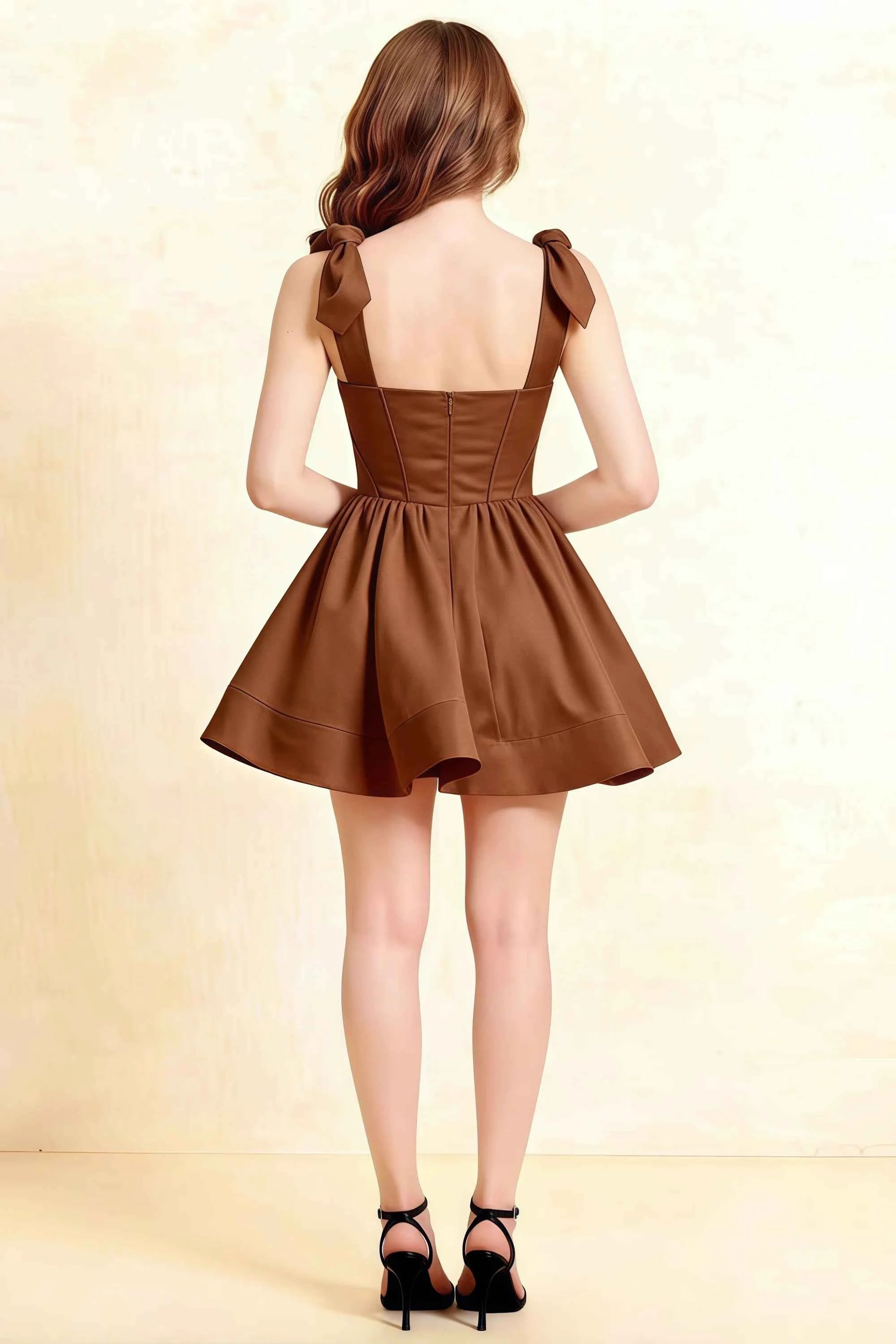 Cassandra Coffee Bow Straps Mini Skater Dress with Square Neckline Imagen secundaria del producto