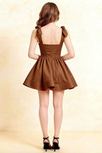 Cassandra Coffee Bow Straps Mini Skater Dress with Square Neckline