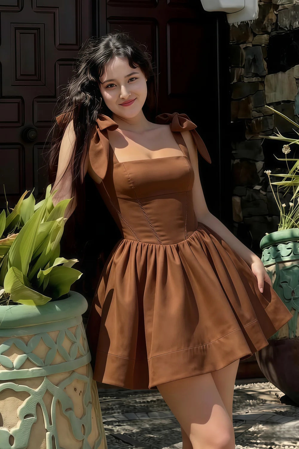 Cassandra Coffee Bow Straps Mini Skater Dress with Square Neckline