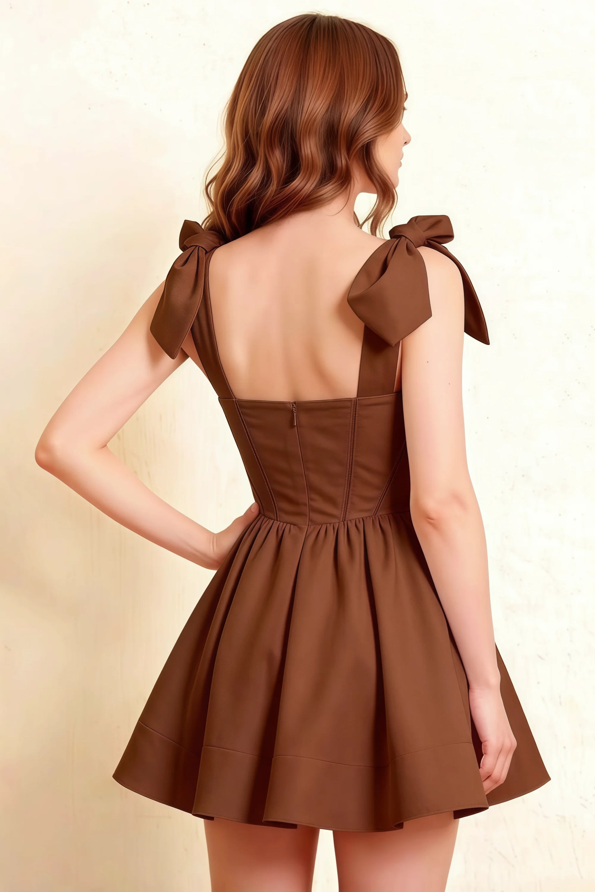 Cassandra Coffee Bow Straps Mini Skater Dress with Square Neckline