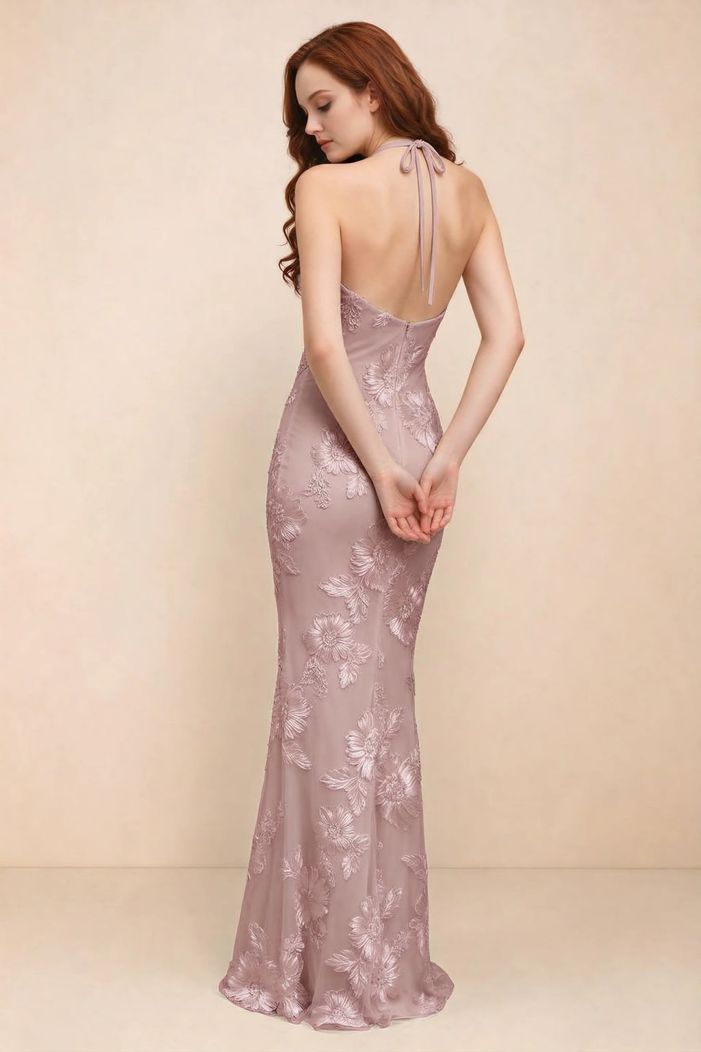 Cassandra Dusty Lilac 3D Floral Halter Mermaid Maxi Dress