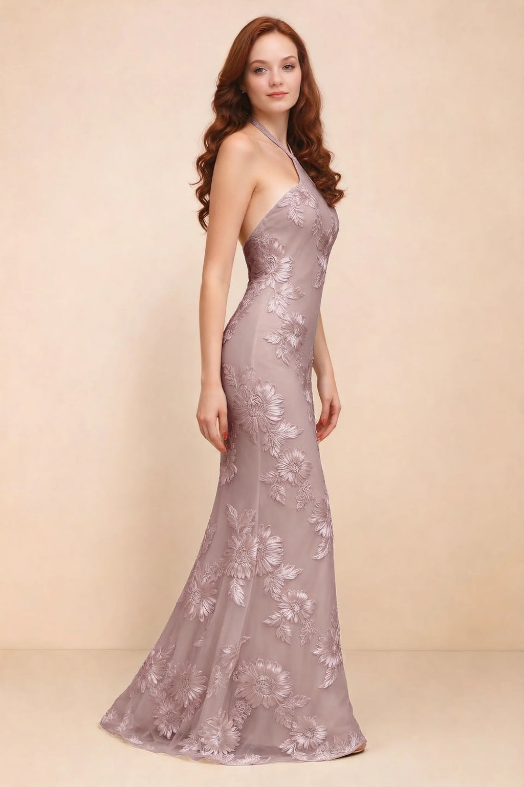 Cassandra Dusty Lilac 3D Floral Halter Mermaid Maxi Dress