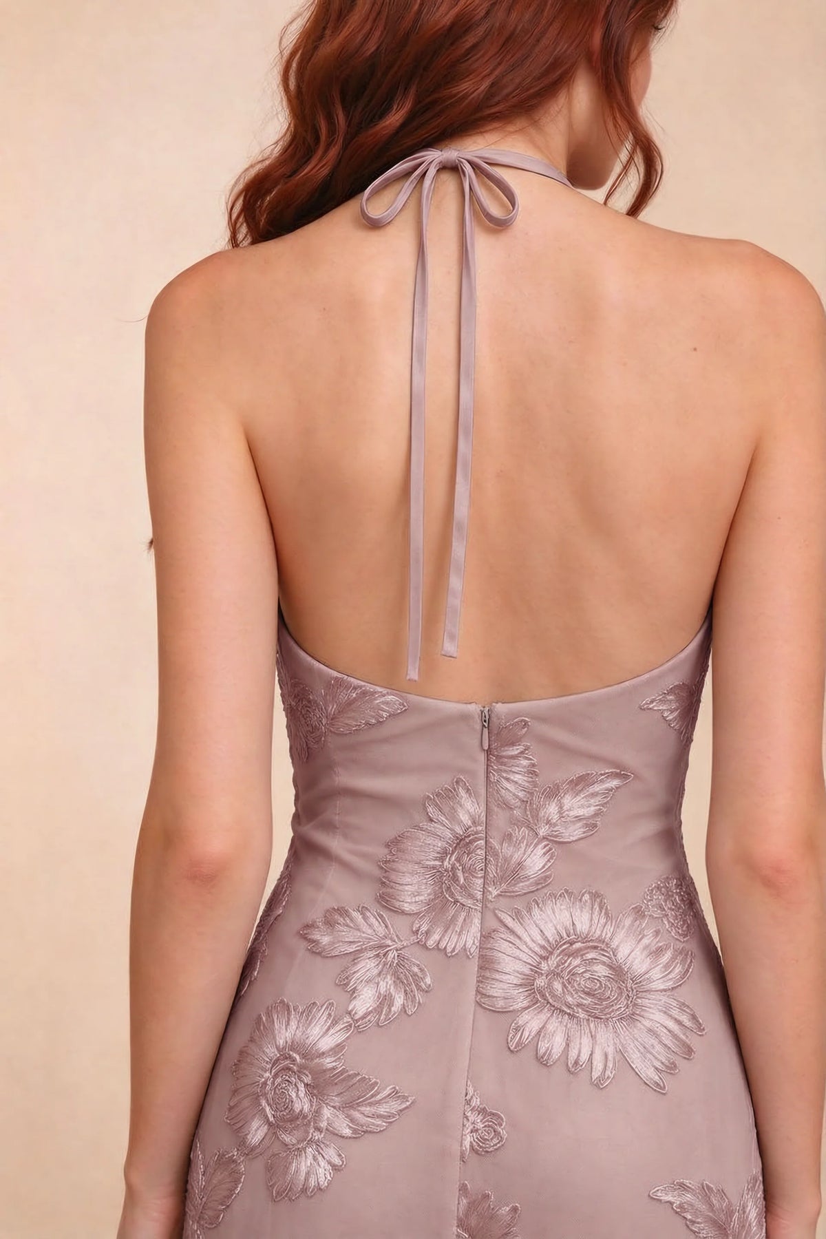 Cassandra Dusty Lilac 3D Floral Halter Mermaid Maxi Dress