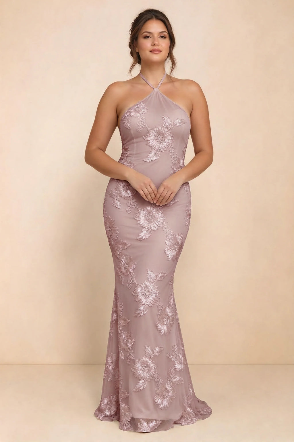 Cassandra Dusty Lilac 3D Floral Halter Mermaid Maxi Dress