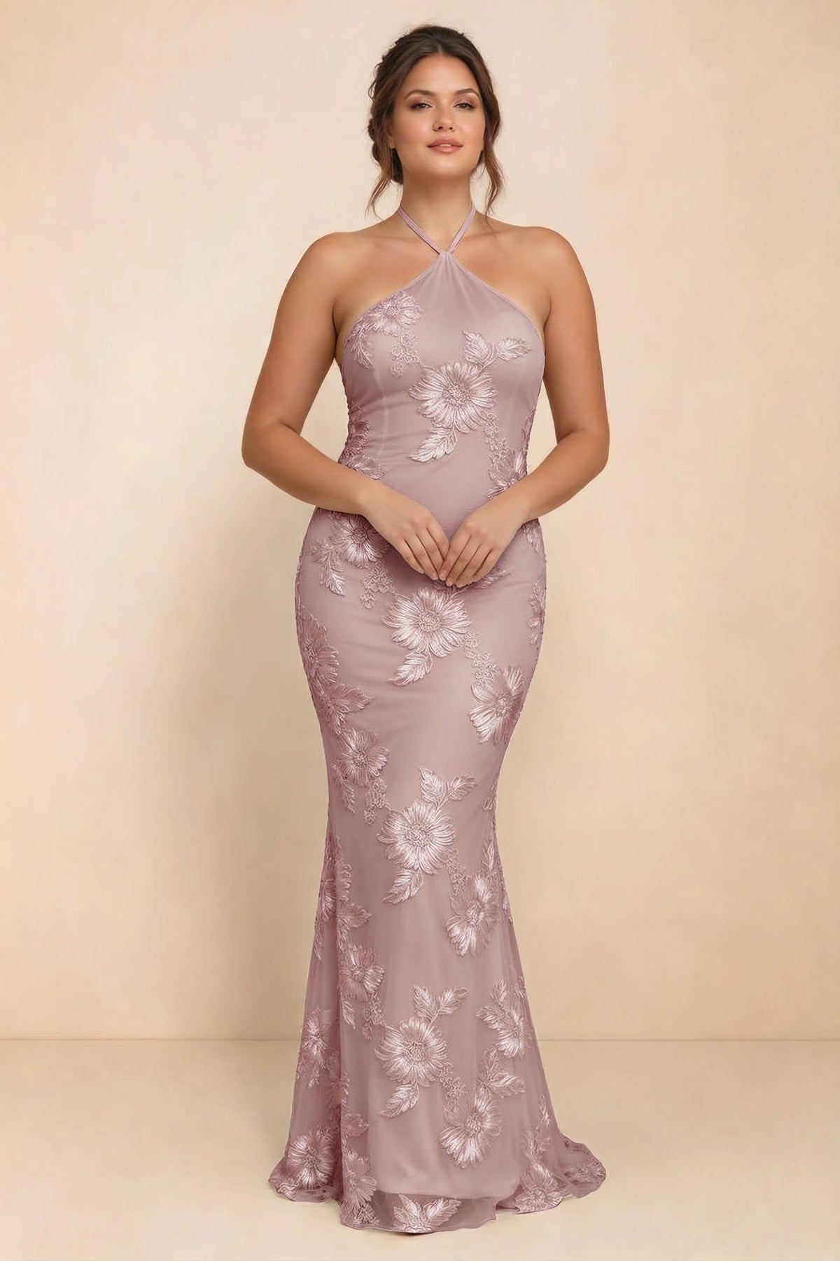Cassandra Dusty Lilac 3D Floral Halter Mermaid Maxi Dress
