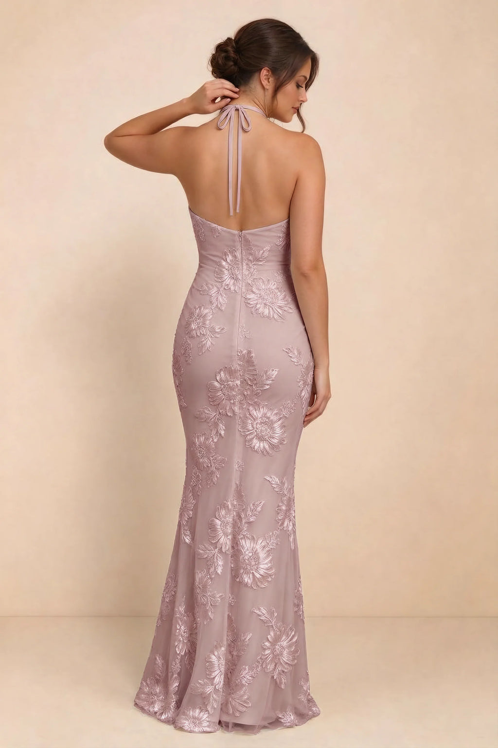Cassandra Dusty Lilac 3D Floral Halter Mermaid Maxi Dress