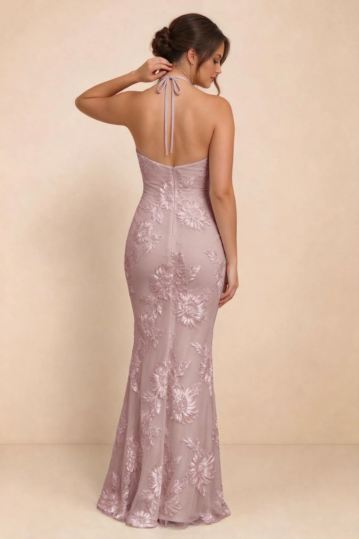 Cassandra Dusty Lilac 3D Floral Halter Mermaid Maxi Dress