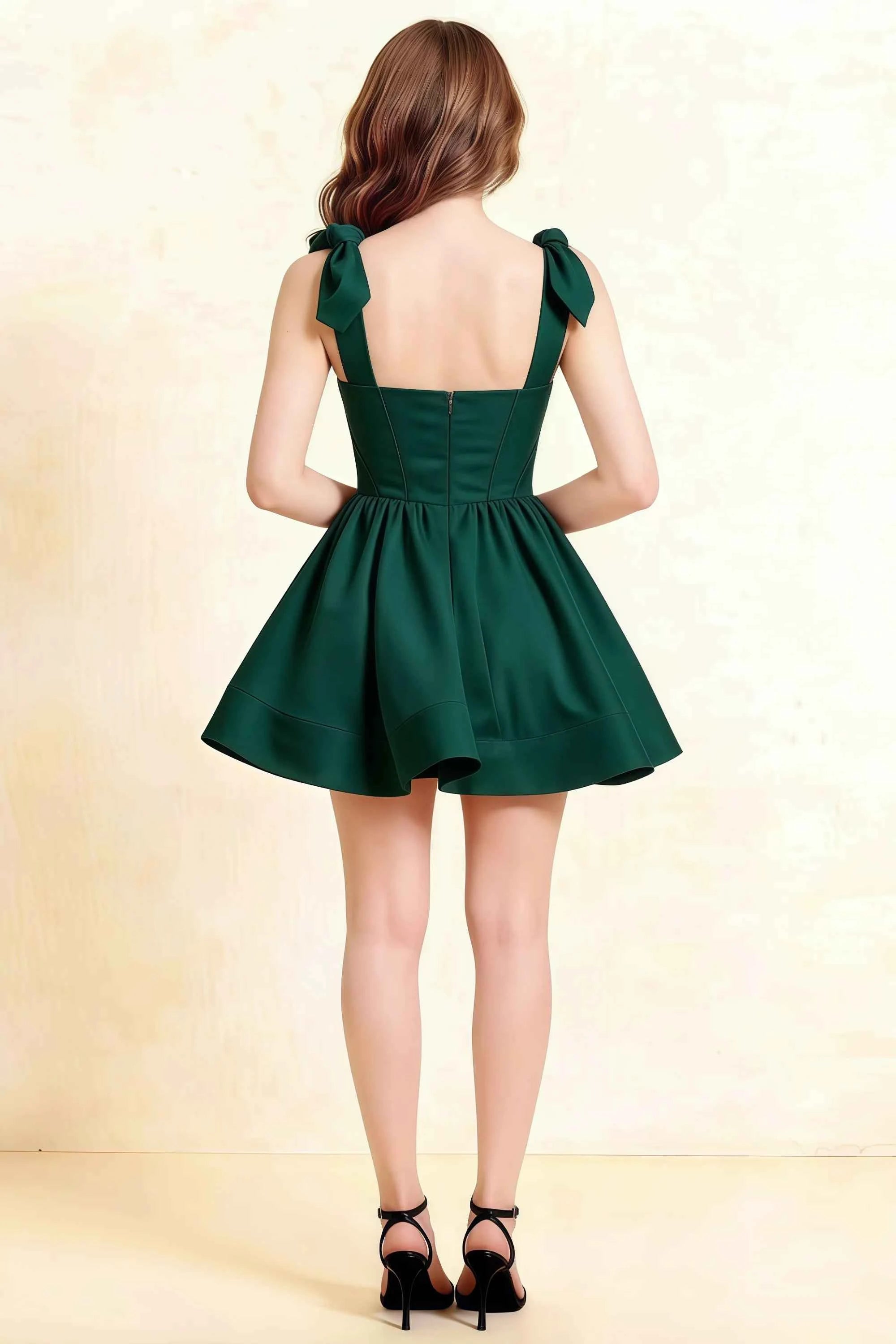 Cassandra Emerald Green Bow Straps Mini Skater Dress with Square Neckline Secondary image