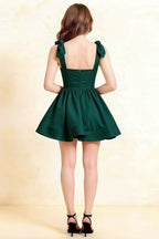 Cassandra Emerald Green Bow Straps Mini Skater Dress with Square Neckline