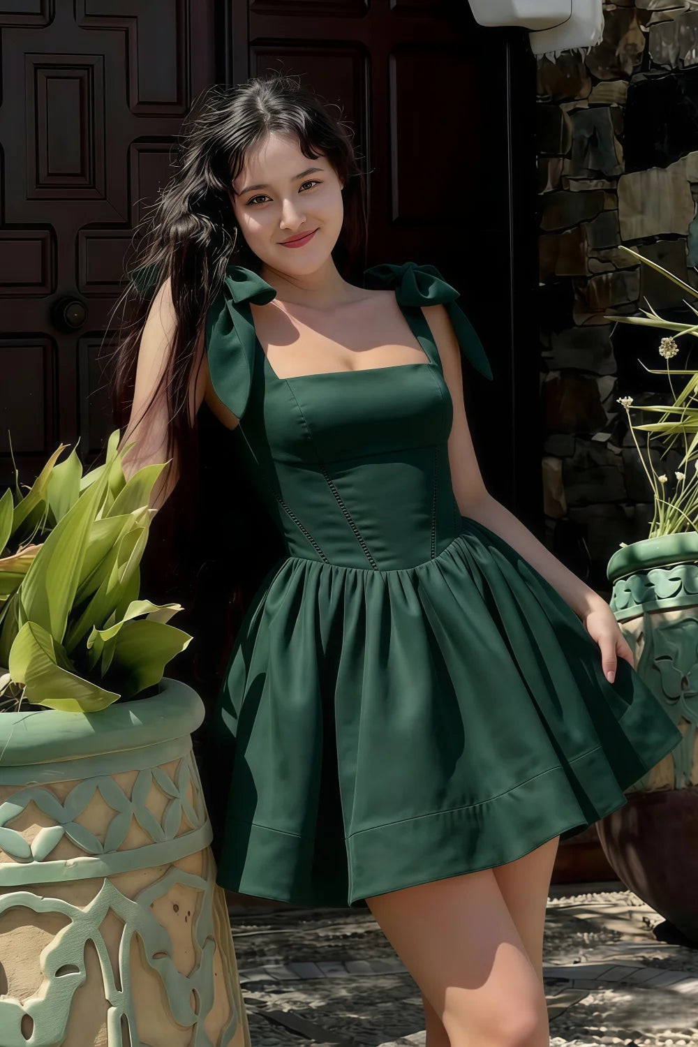 Cassandra Emerald Green Bow Straps Mini Skater Dress with Square Neckline