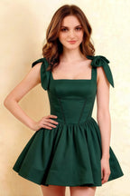 Cassandra Emerald Green Bow Straps Mini Skater Dress with Square Neckline