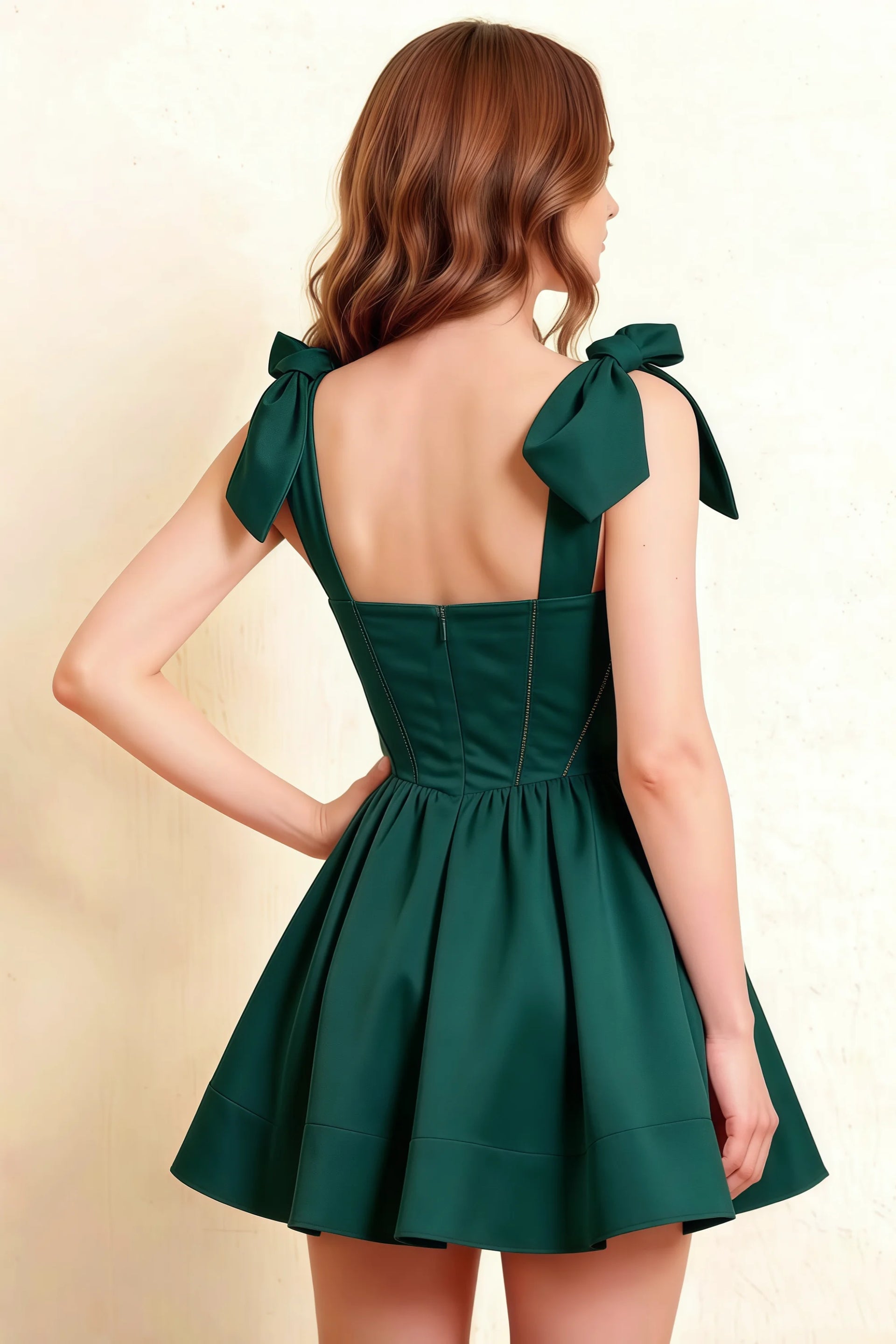 Cassandra Emerald Green Bow Straps Mini Skater Dress with Square Neckline