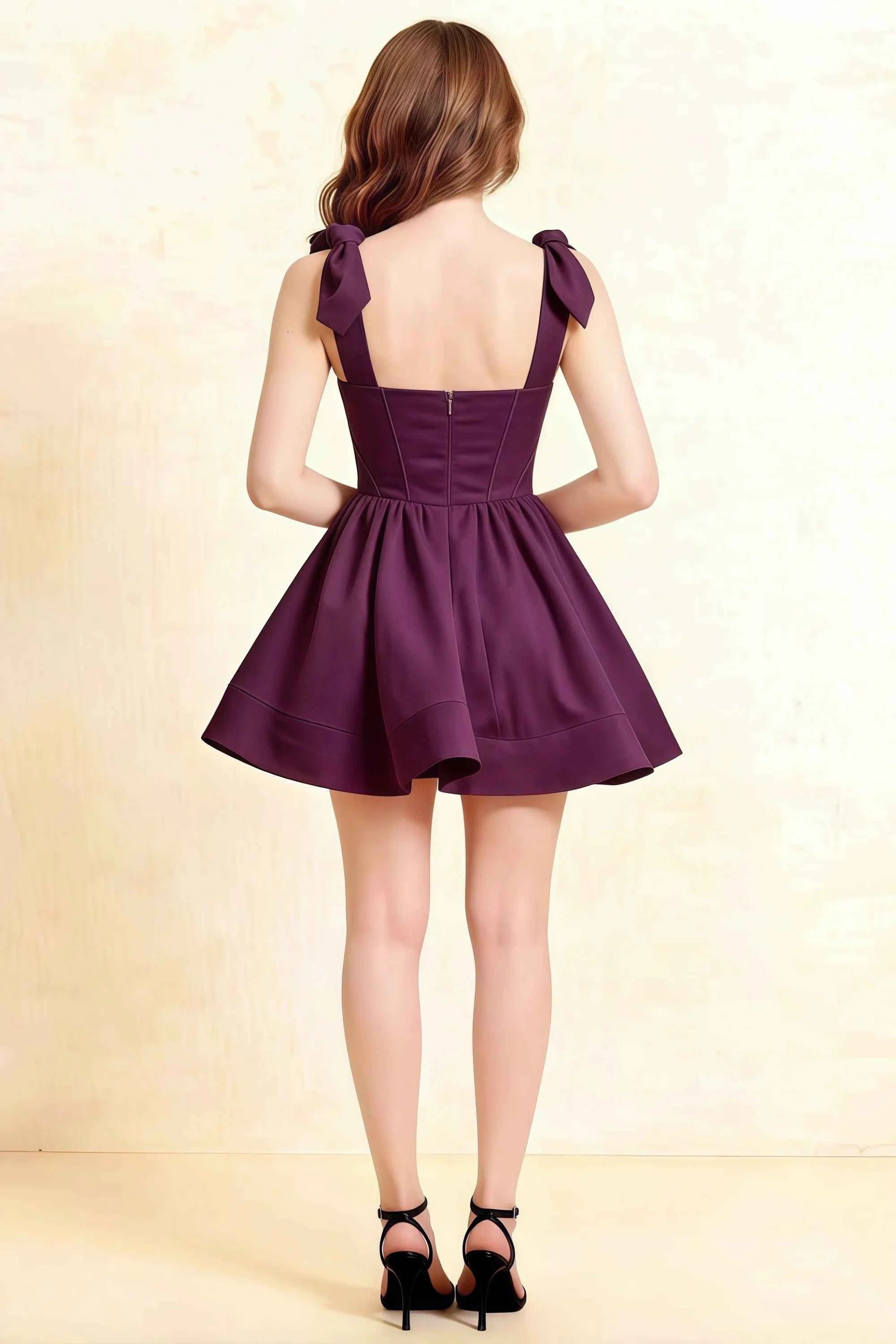 Cassandra Grape Bow Straps Mini Skater Dress with Square Neckline Secondary image