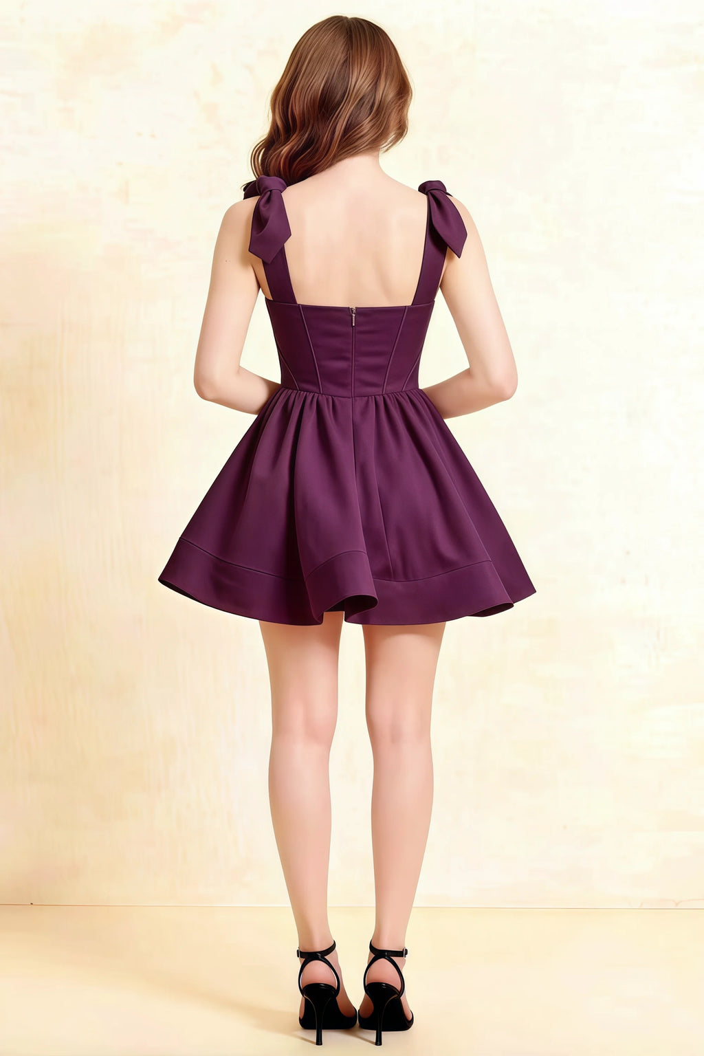 Cassandra Grape Bow Straps Mini Skater Dress with Square Neckline