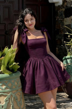 Cassandra Grape Bow Straps Mini Skater Dress with Square Neckline