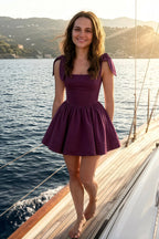 Cassandra Grape Bow Straps Mini Skater Dress with Square Neckline