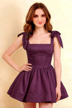 Cassandra Grape Bow Straps Mini Skater Dress with Square Neckline